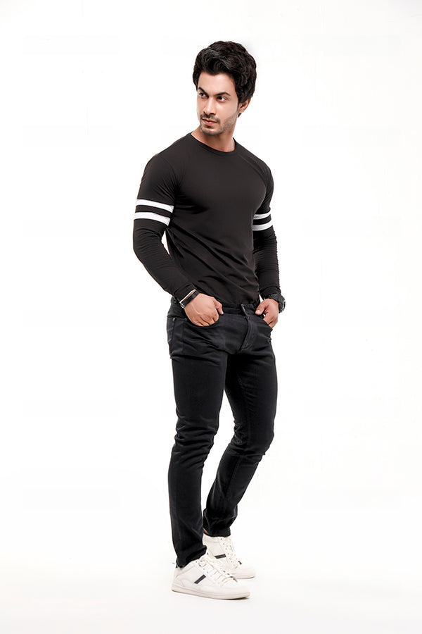 Black Contrast Full Sleeve Stripe T-Shirt