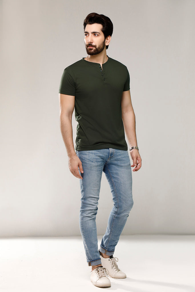 Dark Green Half Sleeves Henley | ZED